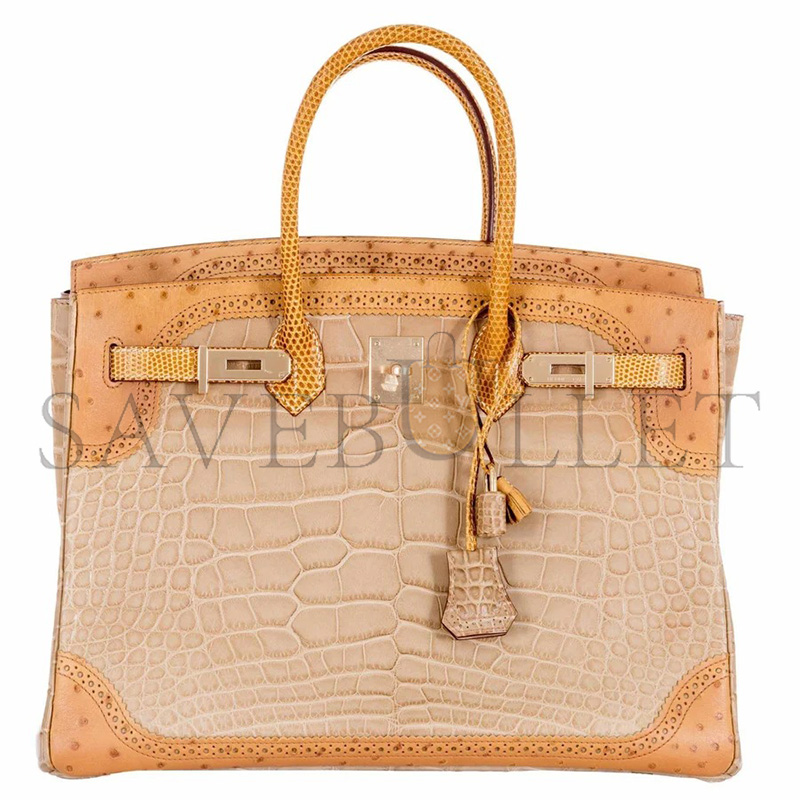 H**mes MASTER BIRKIN 35 GHILLIES GRAND MARRIAGE POUSSIÈRE MATTE ALLIGATOR TABAC CAMEL OSTRICH SESAME LIZARD PERMABRASS HARDWARE (35*25*18cm)